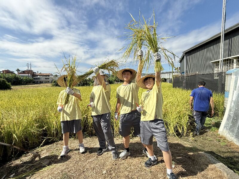 同學們開心展示親手收割的稻米