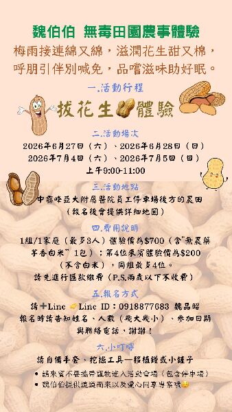 魏伯伯無毒田園農事體驗｜梅雨接連明綿又綿，滋潤花生甜又棉， 呼朋引伴別喊免，品嚐滋味助好眠